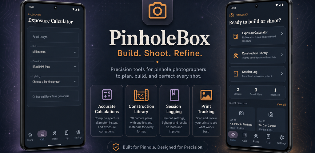 PinholeBox app banner with mobile screens