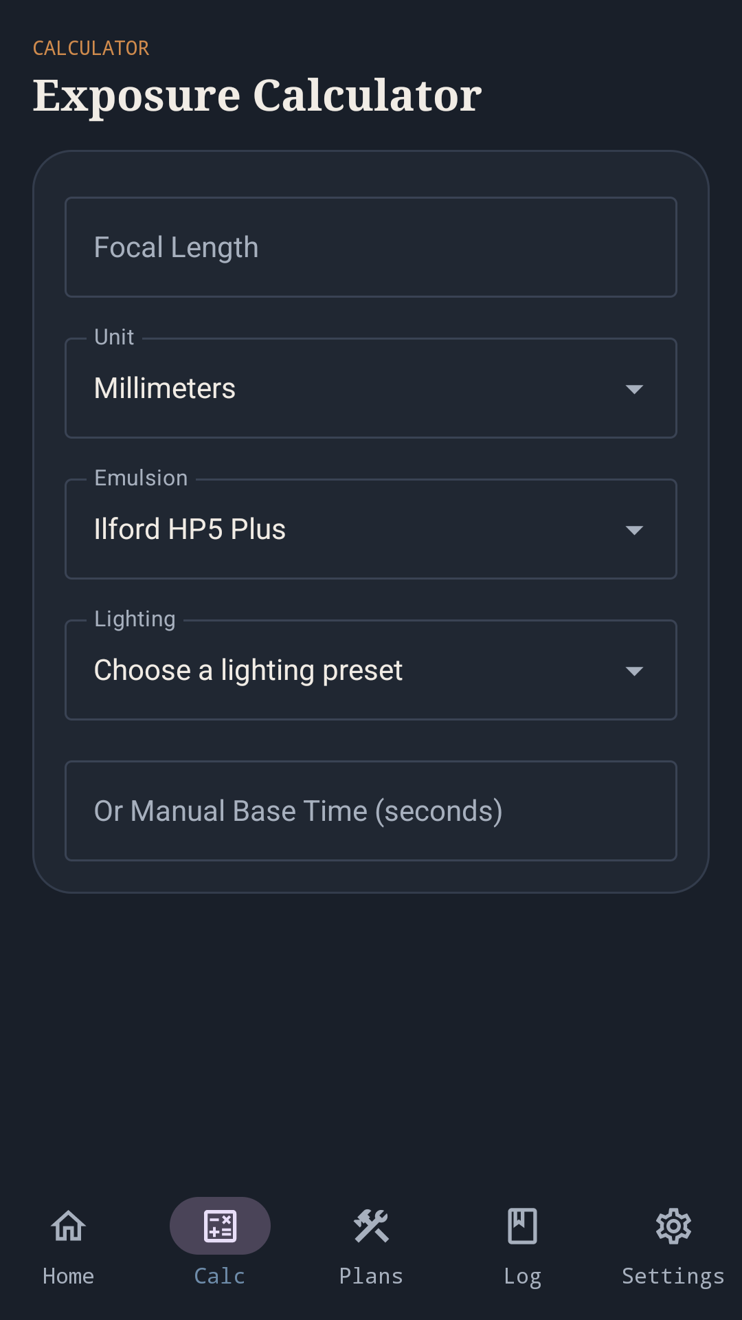 Exposure calculator screen