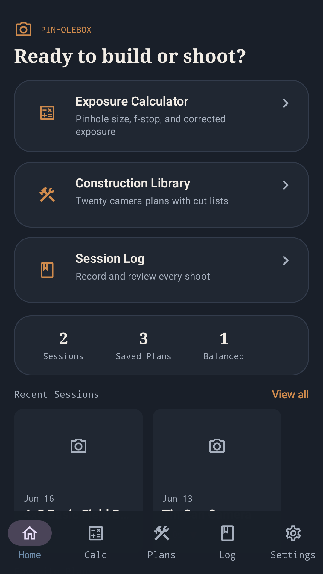 PinholeBox home screen